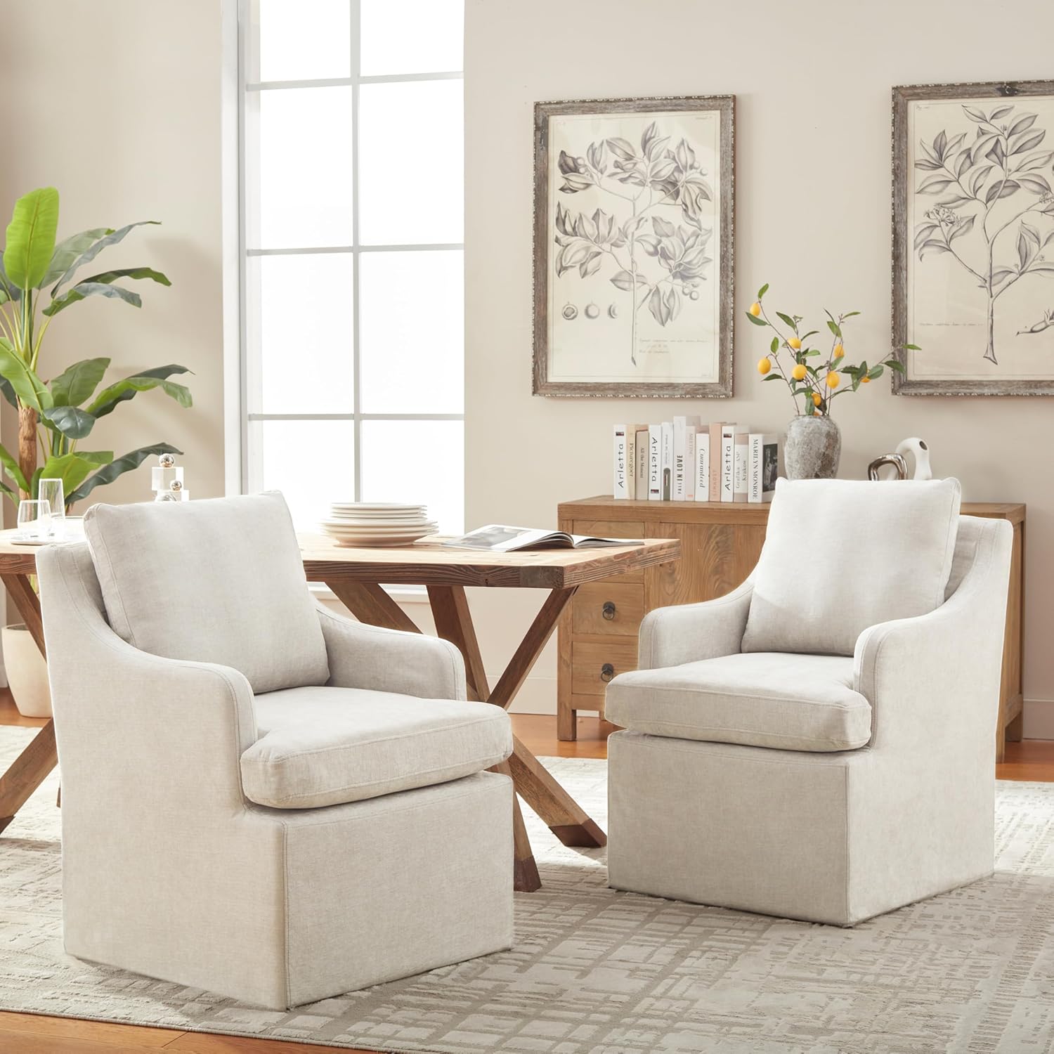 VKNOW Upholstered Dining Chairs Set of 2, Modern Kitchen Chairs Dinner Chairs with 4 Casters, Linen