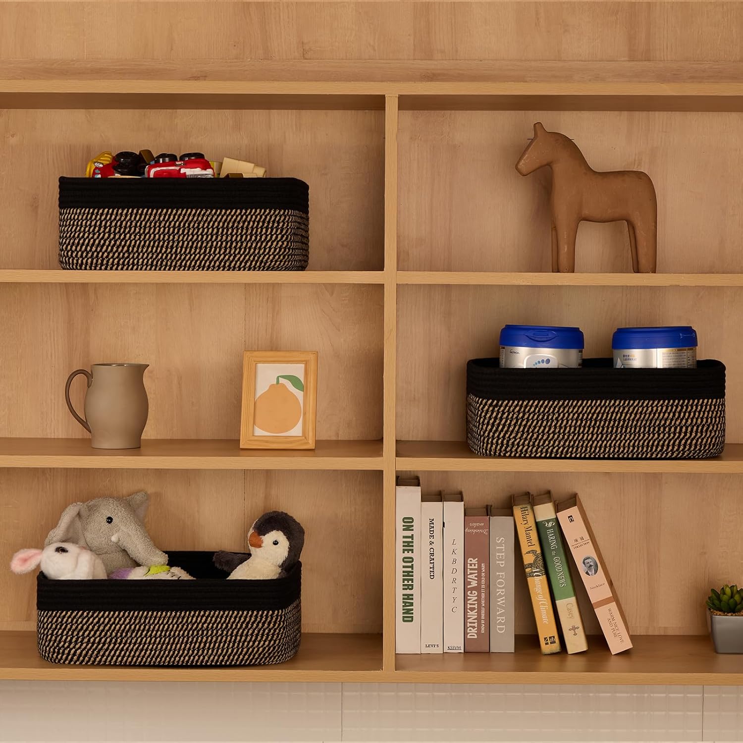 Large Shallow Organizing Baskets 15x11x5.1 Inches - Rope Woven Storage Bins for Bathroom, Shelves