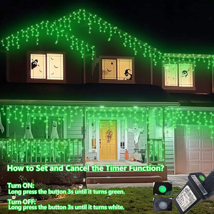 YEGUO 33ft 400 LED Green Icicle Halloween Lights Outdoor Waterproof, 80 Drops Icicle Light