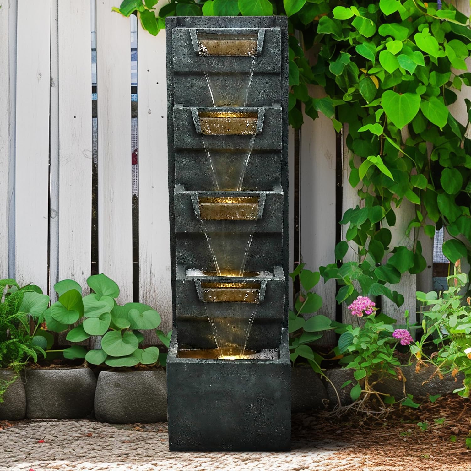 39.3" H Modern Water Fountain 5-Tier Outdoor Garden - Water Fountain w/LED Lights Cascading