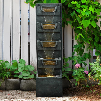 39.3" H Modern Water Fountain 5-Tier Outdoor Garden - Water Fountain w/LED Lights Cascading