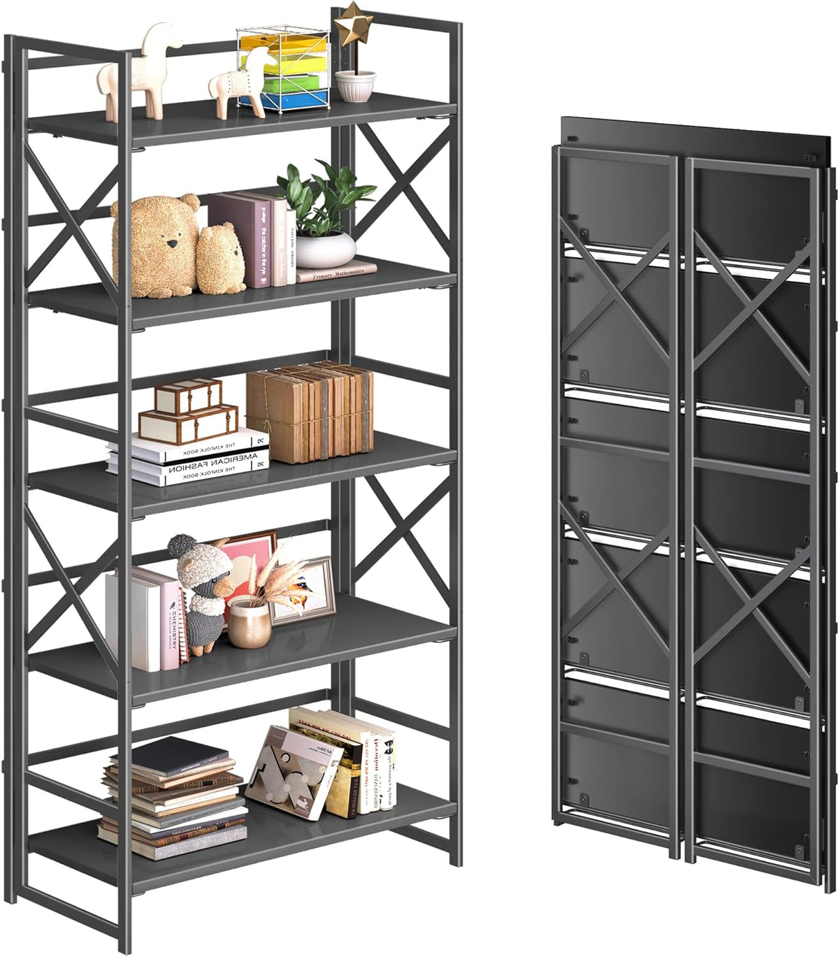 4NM 5 Tiers No Assembly Book Shelves, 51.2" H Folding Bookshelf Bookcase Open Industrial Foldable