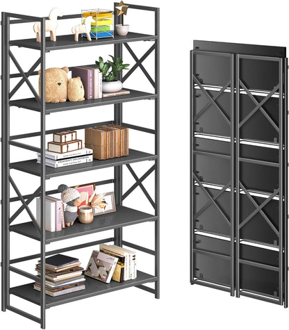 4NM 5 Tiers No Assembly Book Shelves, 51.2" H Folding Bookshelf Bookcase Open Industrial Foldable