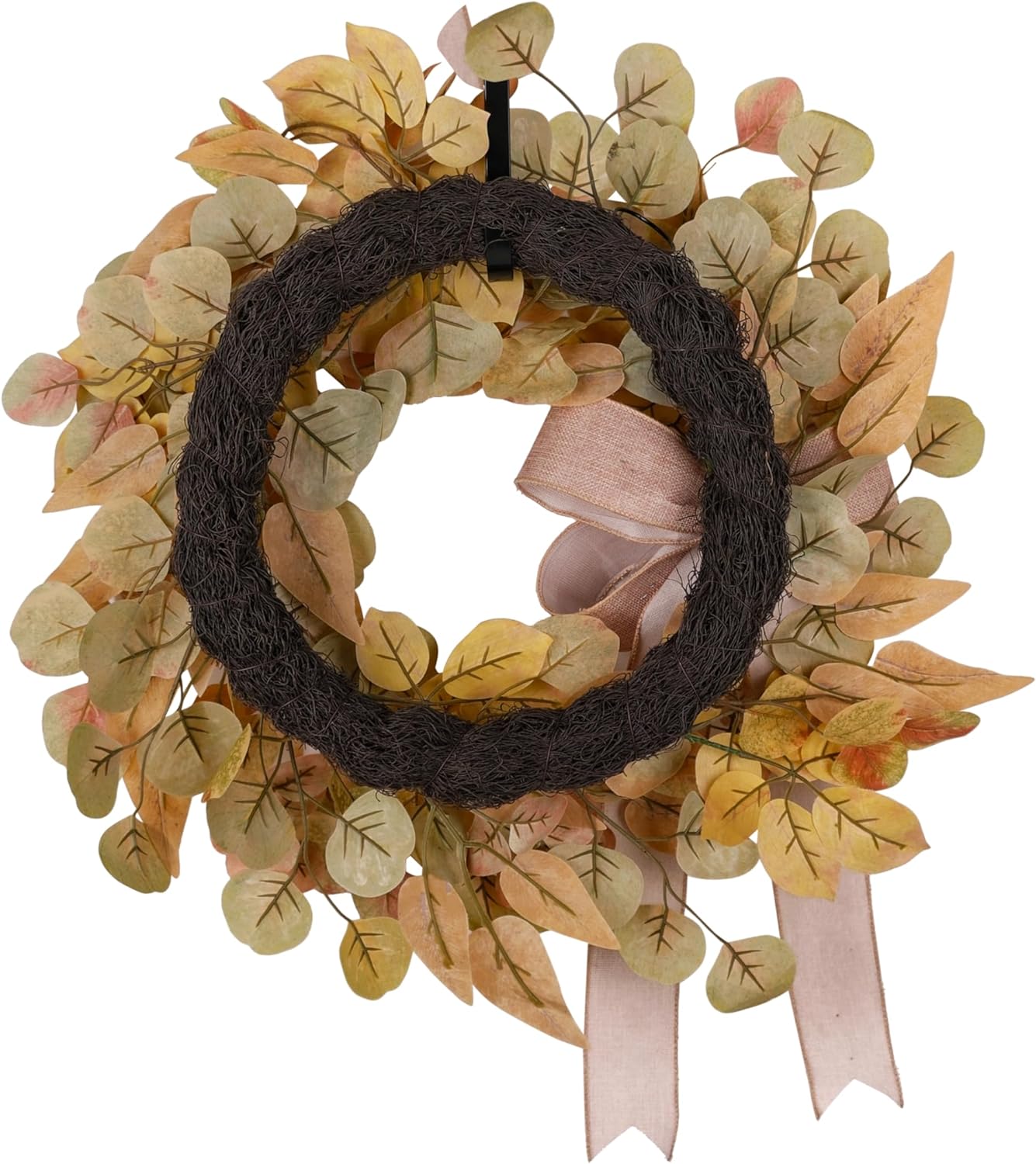 Fall Wreath for Front Door 24 Inch, Autumn Colored Faux Leaves Wreath with Bow, Simple & Minimalist