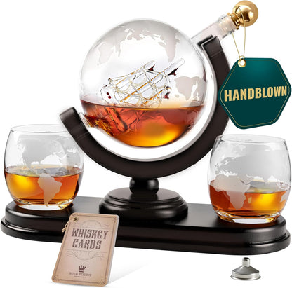Globe Whiskey Decanter Gift Set by Royal Reserve | Etched World Map Globe Decanter 29 oz 850 ml