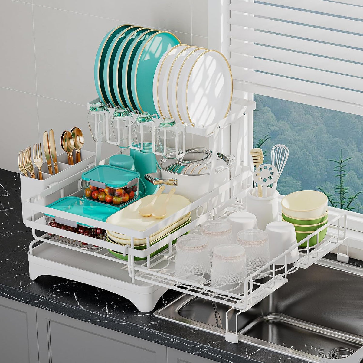 2 Tier Large Dish Drying Rack - Extendable Dish Rack, 2-in-1 Anti-Rust Stainless Steel Dishrack for