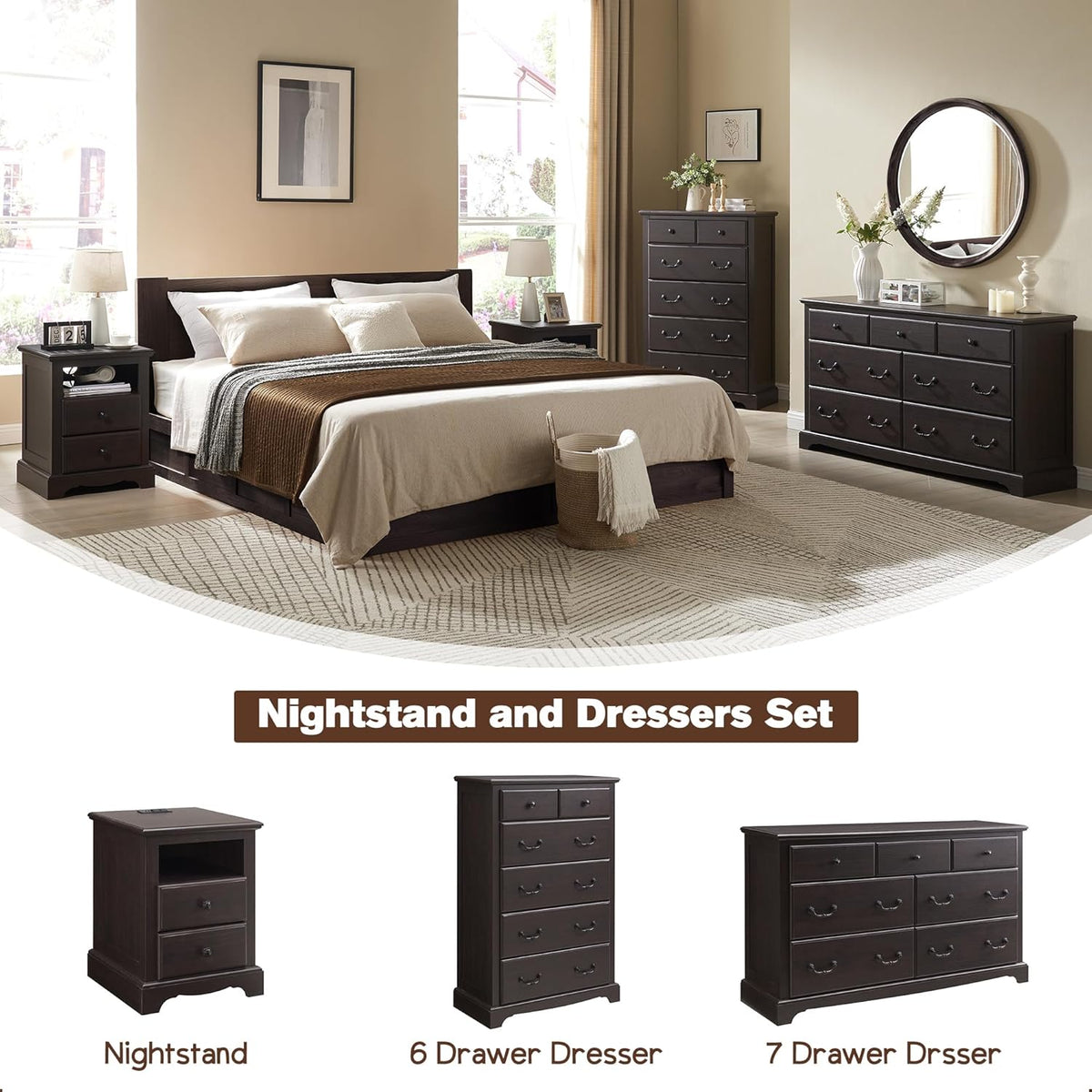 T4TREAM Nightstand with Charging Station, 18 Inch Vintage End Table with 2 Drawers for Living Room