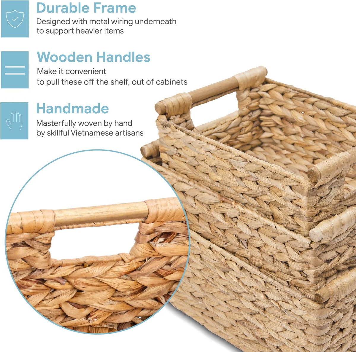 VATIMA Hyacinth Wicker Basket Set 3 size - Rectangular, Wooden Handles, Shelf Organizer, Natural