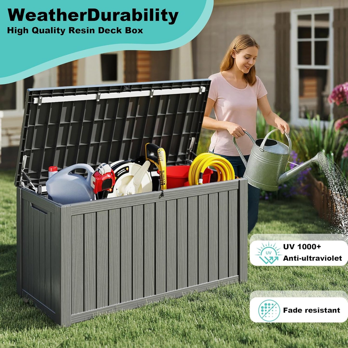 150Gal Outdoor Deck Box Waterproof, Lager Patio Storage Box Indoor and Outdoor Use, Lockable Resin