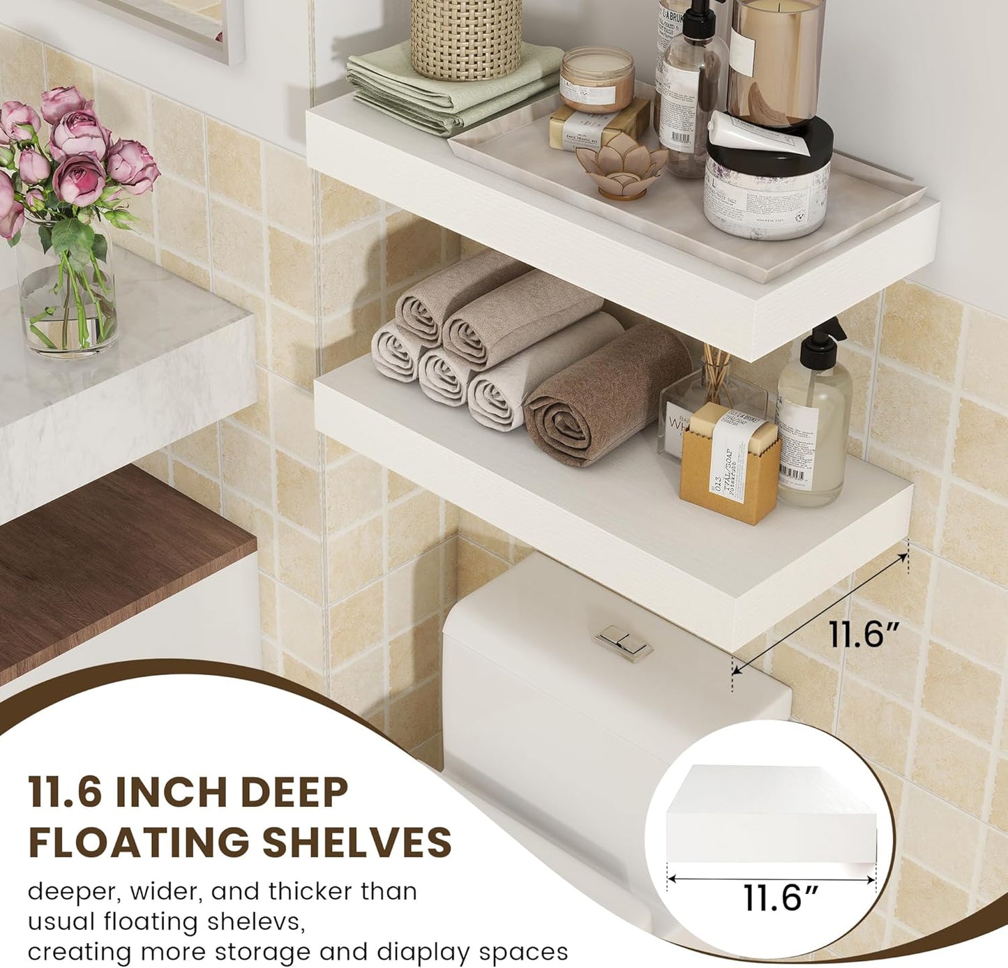 Deep Floating Shelves, 24''W x 12''D Floating Shelves White Set of 2, 12 Inch Deep Large Wood