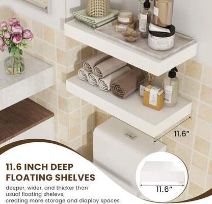 Deep Floating Shelves, 24''W x 12''D Floating Shelves White Set of 2, 12 Inch Deep Large Wood
