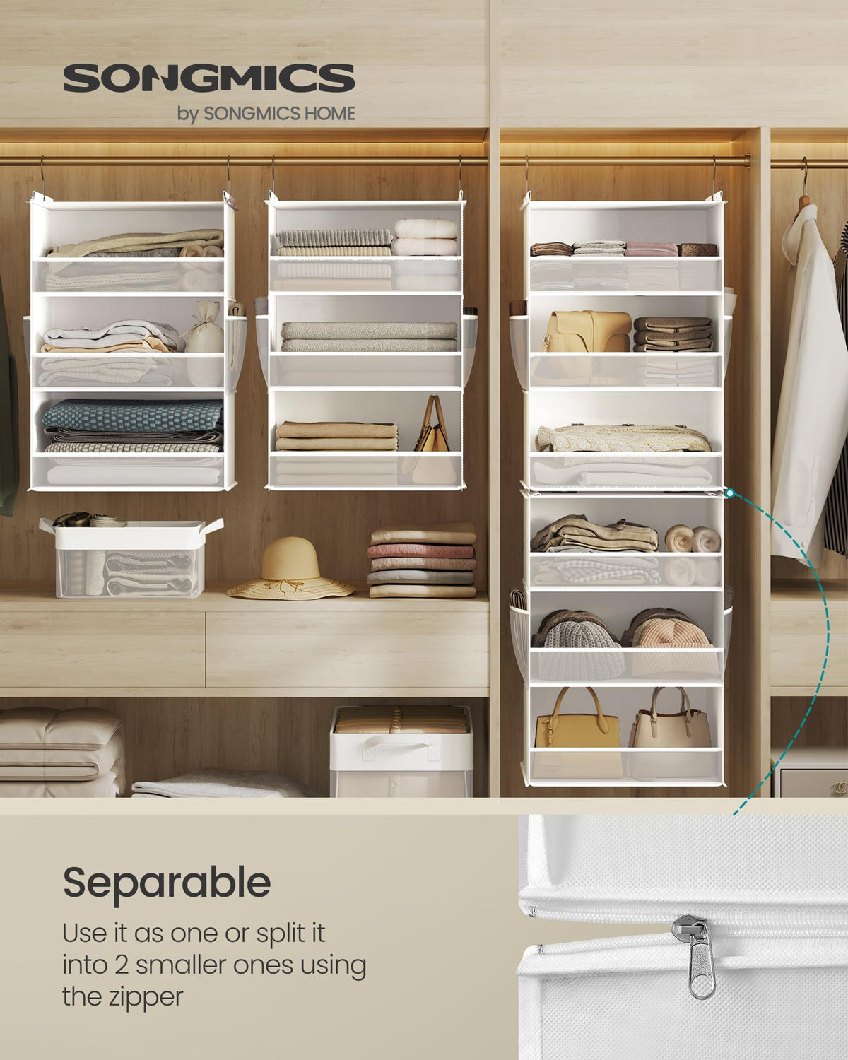 SONGMICS Hanging Closet Organizer, 6-Tier Fabric Storage Shelf, Separable Closet Hanging Shelf with