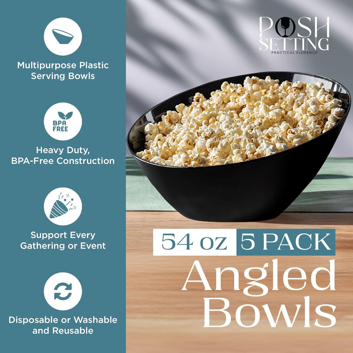 Posh Setting Black Plastic Serving Bowls Disposable - Angled Bowls - Angled Candy Bowl - Plastic