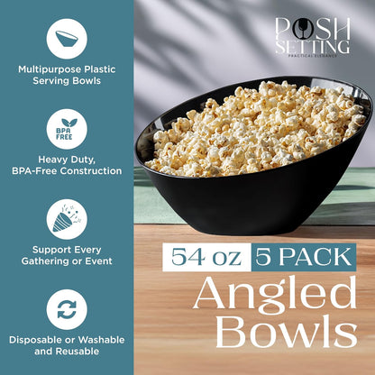 Posh Setting Black Plastic Serving Bowls Disposable - Angled Bowls - Angled Candy Bowl - Plastic