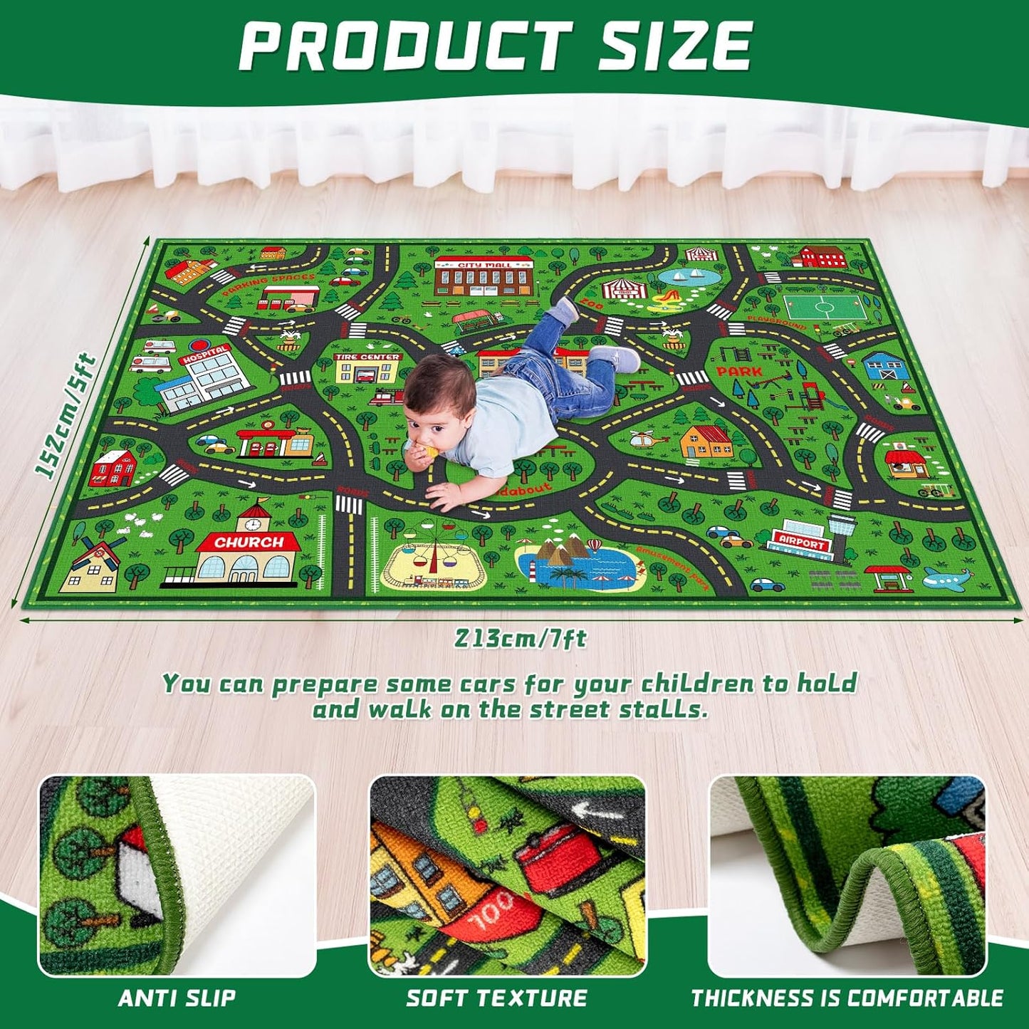 Kids Carpet Playmat Rug 5 x 7 ft Player Car Rug, City Life Traffic Road Map Mat Educational Game