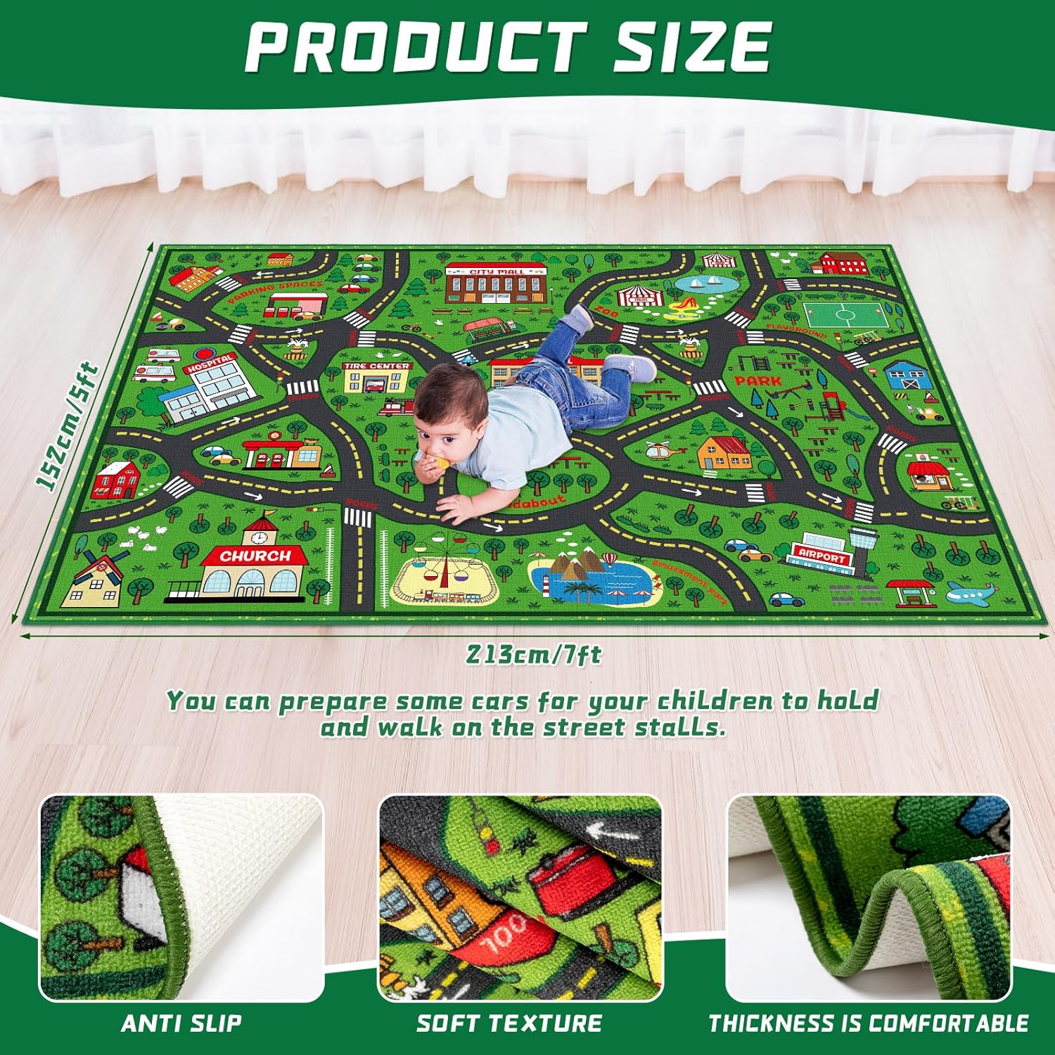 Kids Carpet Playmat Rug 5 x 7 ft Player Car Rug, City Life Traffic Road Map Mat Educational Game