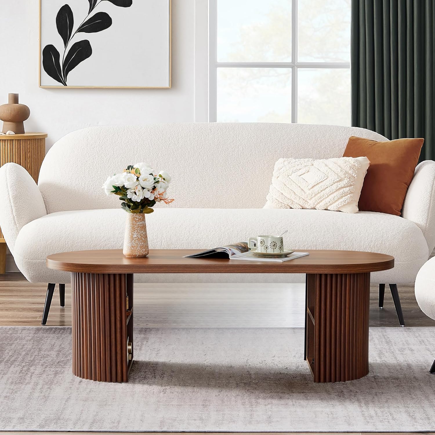 Oval Fluted Coffee Table, 47" Farmhouse Wood Coffee Table Mid Century Modern Center Table Boho