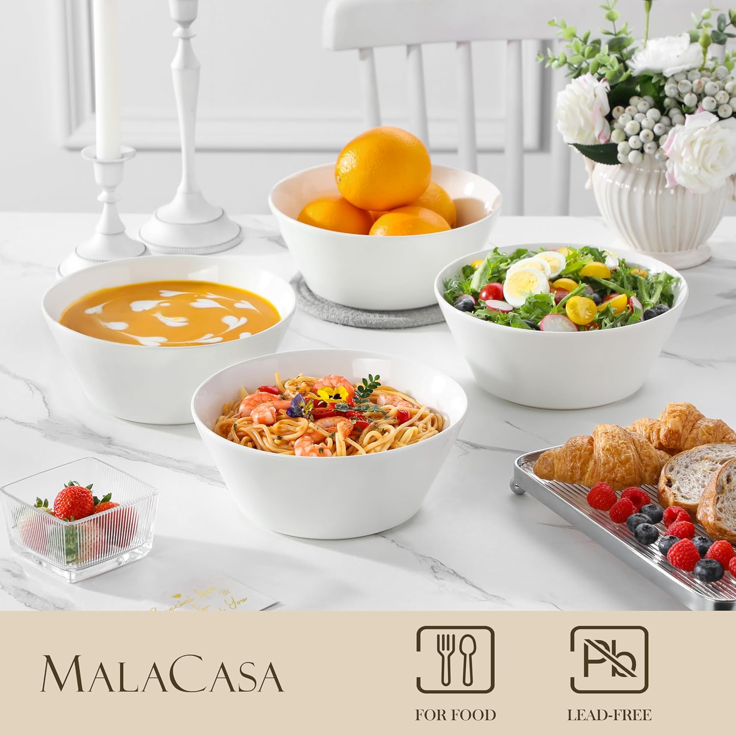 MALACASA Large Salad & Soup Bowls - Set of 4, 60 OZ Porcelain White Bowls for Ramen, Pasta, Pho