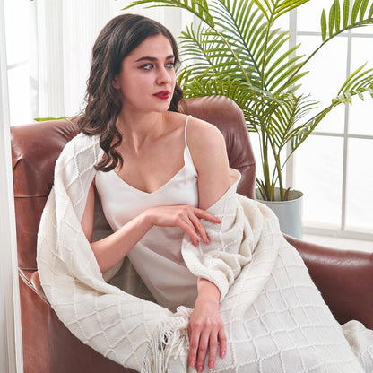 inhand Knitted Throw Blankets for Couch and Bed, Soft Cozy Knit Blanket with Tassel, Off White