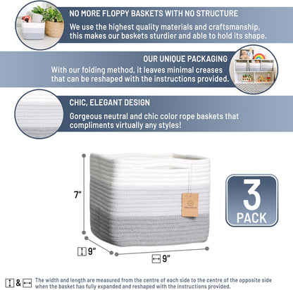 NaturalCozy Storage Cubes 9”x9”x7”Cotton Rope Woven Baskets for Organizing 3-Pack | 9 Inch Cube