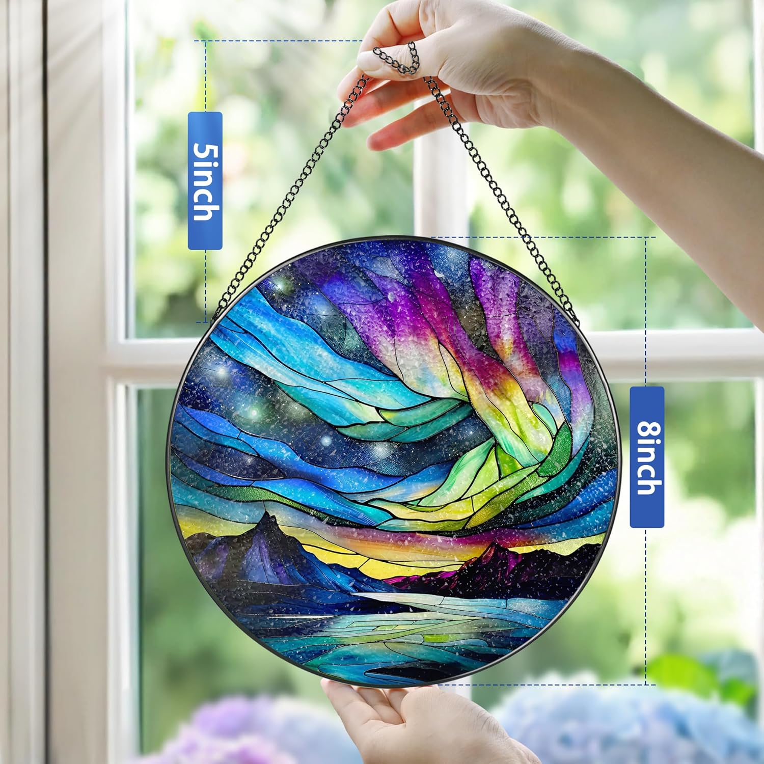 Stained Glass Window Hanging - 8 Inch Aurora Borealis Suncatcher for Window Doors Home Decoration
