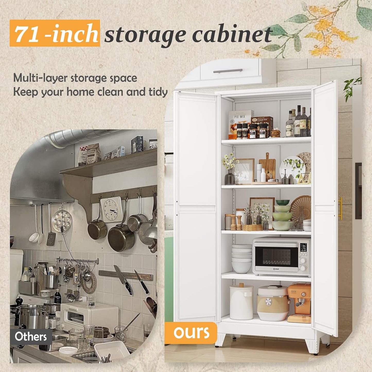 White Pantry Storage Cabinet,71" Kitchen Pantry with Doors and 4 Adjustable Shelves, Metal Storage