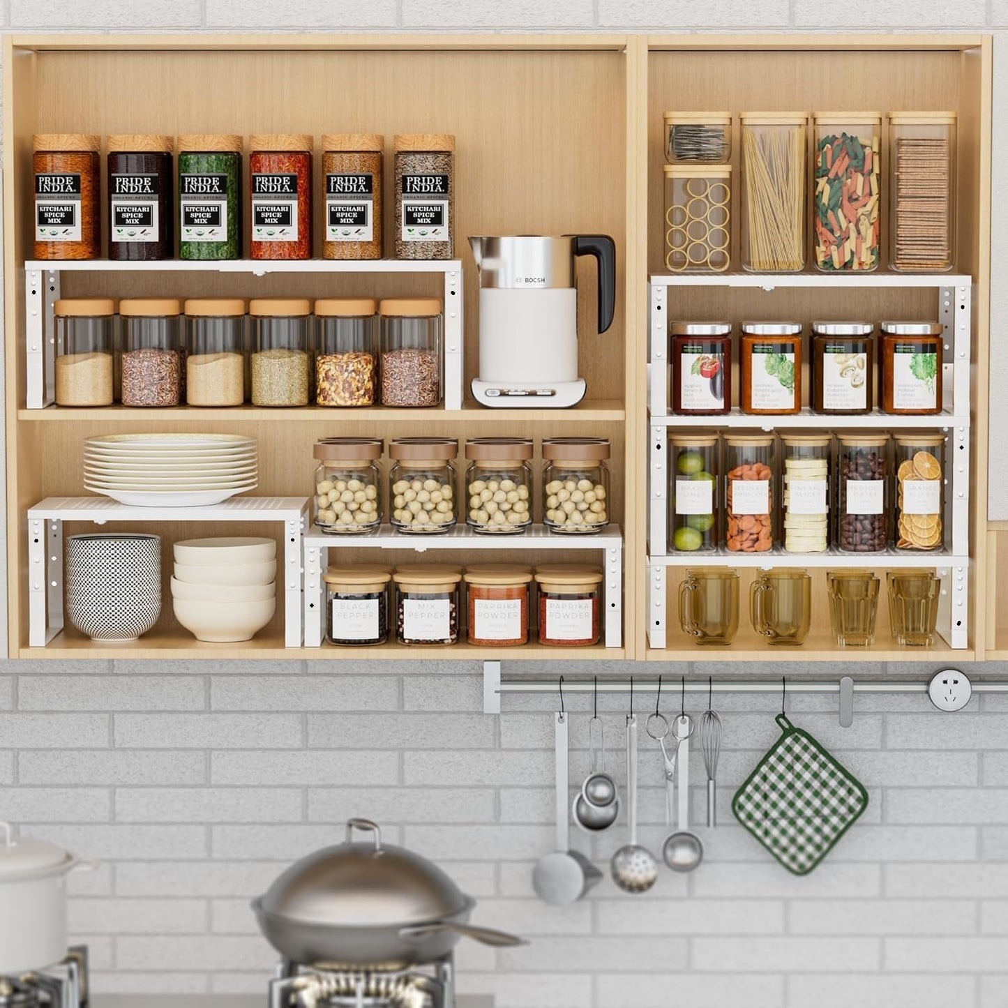 Expandable Spice Rack Kitchen Cabinet Shelf Organizer, Stackable Storage Shelves Racks, Adjustable