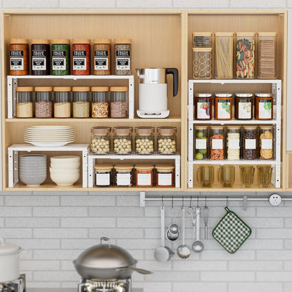 Expandable Spice Rack Kitchen Cabinet Shelf Organizer, Stackable Storage Shelves Racks, Adjustable