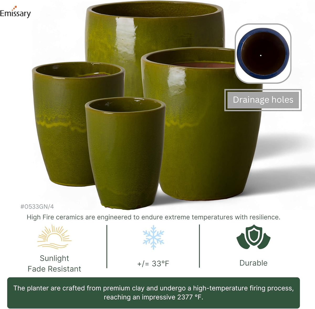 Emissary Home and Garden Bullet 12in., 14in., 15.5in., 21in. H Green Ceramic Round Planters with