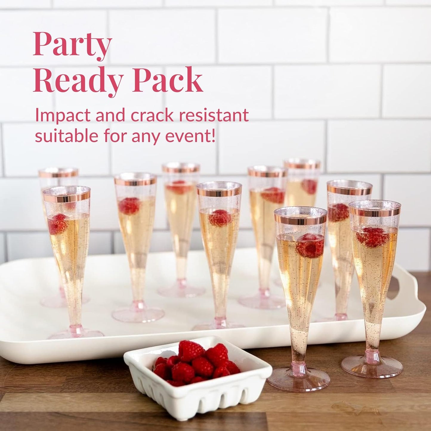 Prestee Set of 24 Plastic Champagne Flutes Disposable - Silver Glitter Pink Champagne Glasses with