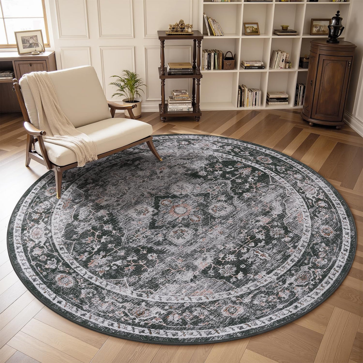 AMOAMI-6FT Round Rug-Rugs for Living Room-Vintage Soft Black Rugs for Bedroom-Non Slip Circle