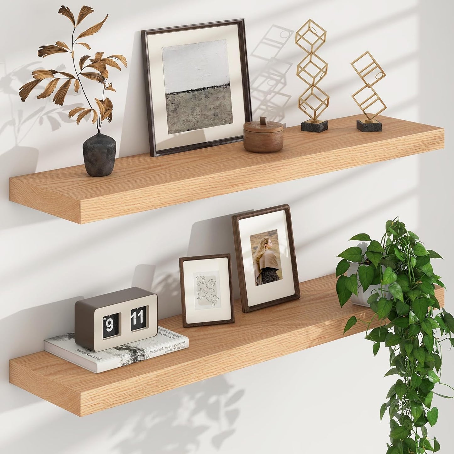 Floating Shelves for Wall, USA-Sourced Oak Wood 36 Inch Long Wall Shelves Set of 2, Natural Wooden