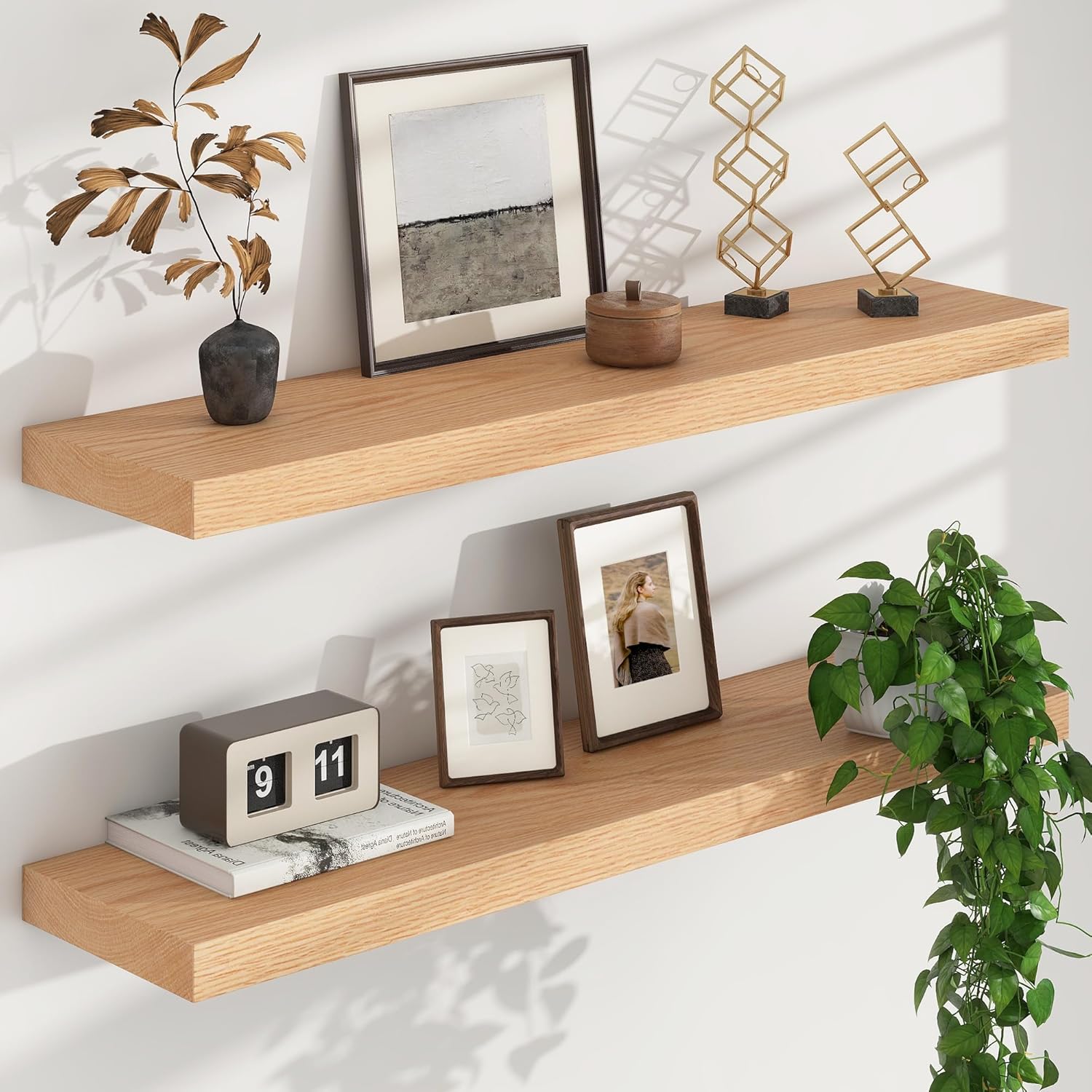 Floating Shelves for Wall, USA-Sourced Oak Wood 36 Inch Long Wall Shelves Set of 2, Natural Wooden