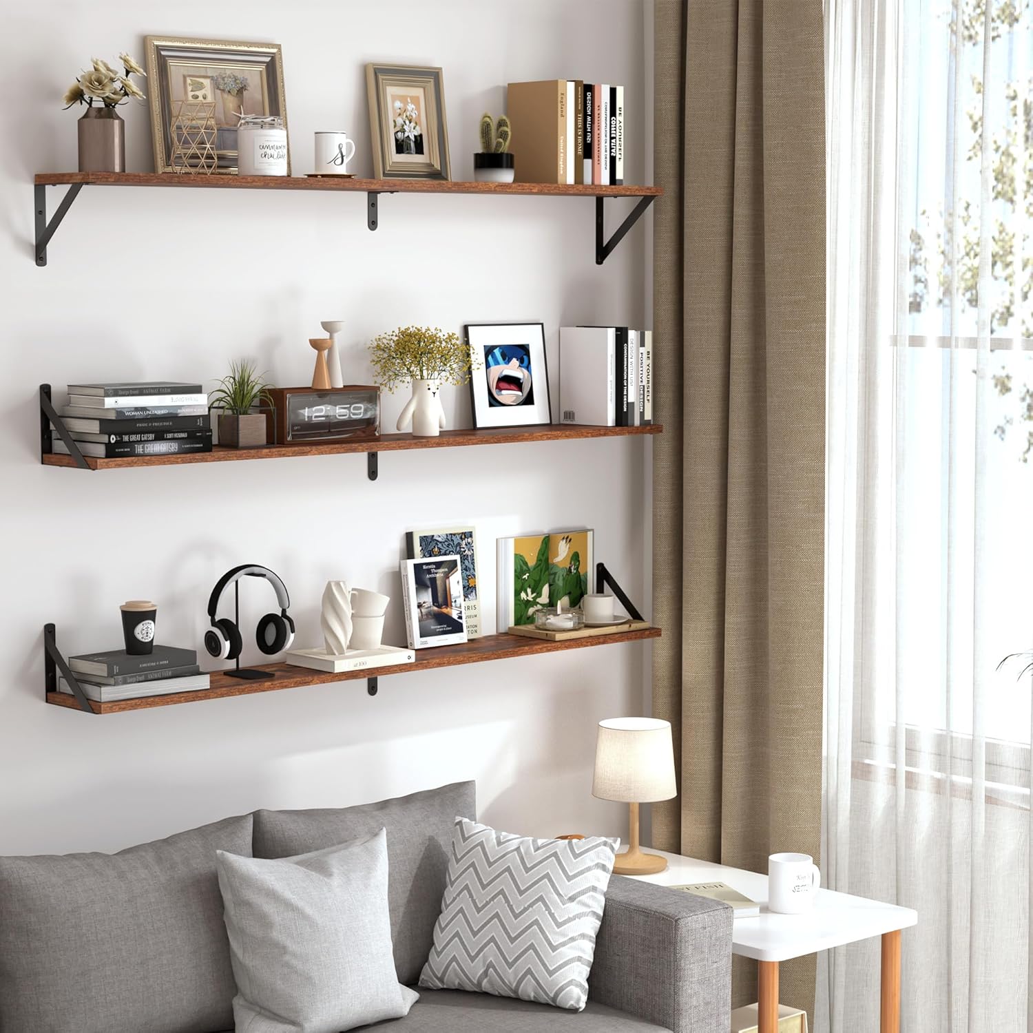 Heimlove 48 Inch Large Wall Bookshelves Set of 3, Wall Mounted Bookshelves,Heavy Duty Wooden
