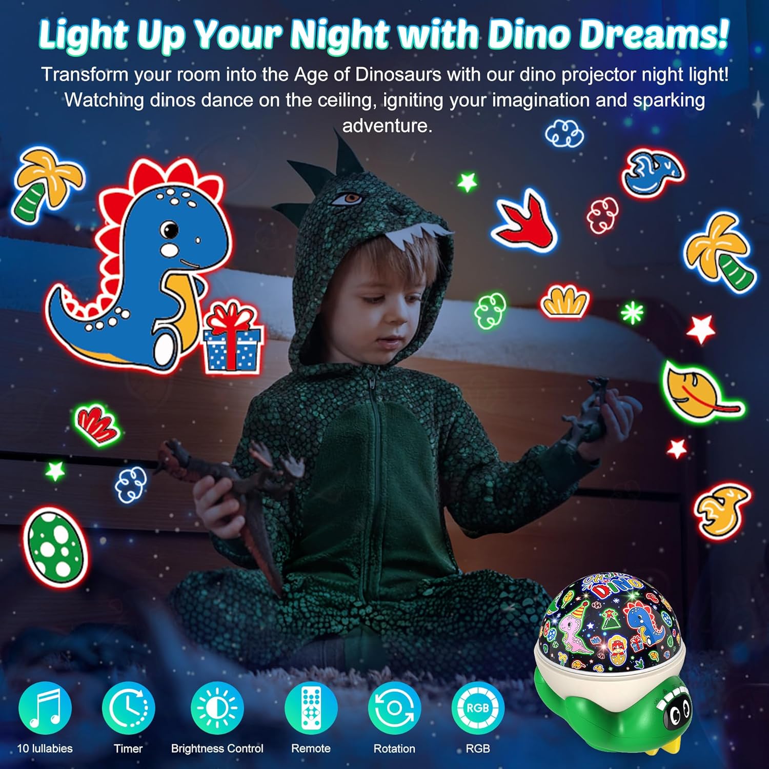 Dinosaur Night Light Projector for Kids Green Dino Toys for Boys, Star Night Lights with Music and