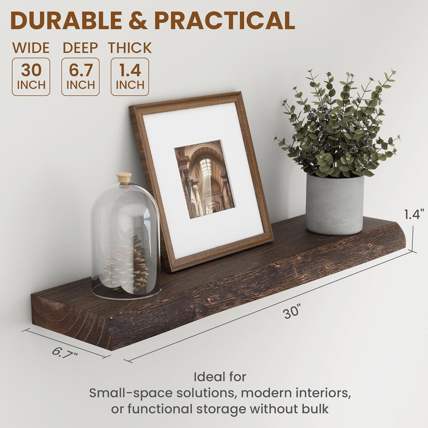 30" Floating Shelves, Live Edge Solid Elm Wood Floating Shelf, Wall Mounted Display Shelves with