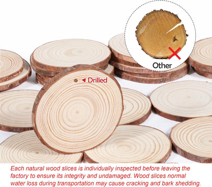 30 Pcs Wood Slices For Crafts, 1.7"-2.3” Pre-Drilled Holes Wood Rounds, 66 Feet Twine String
