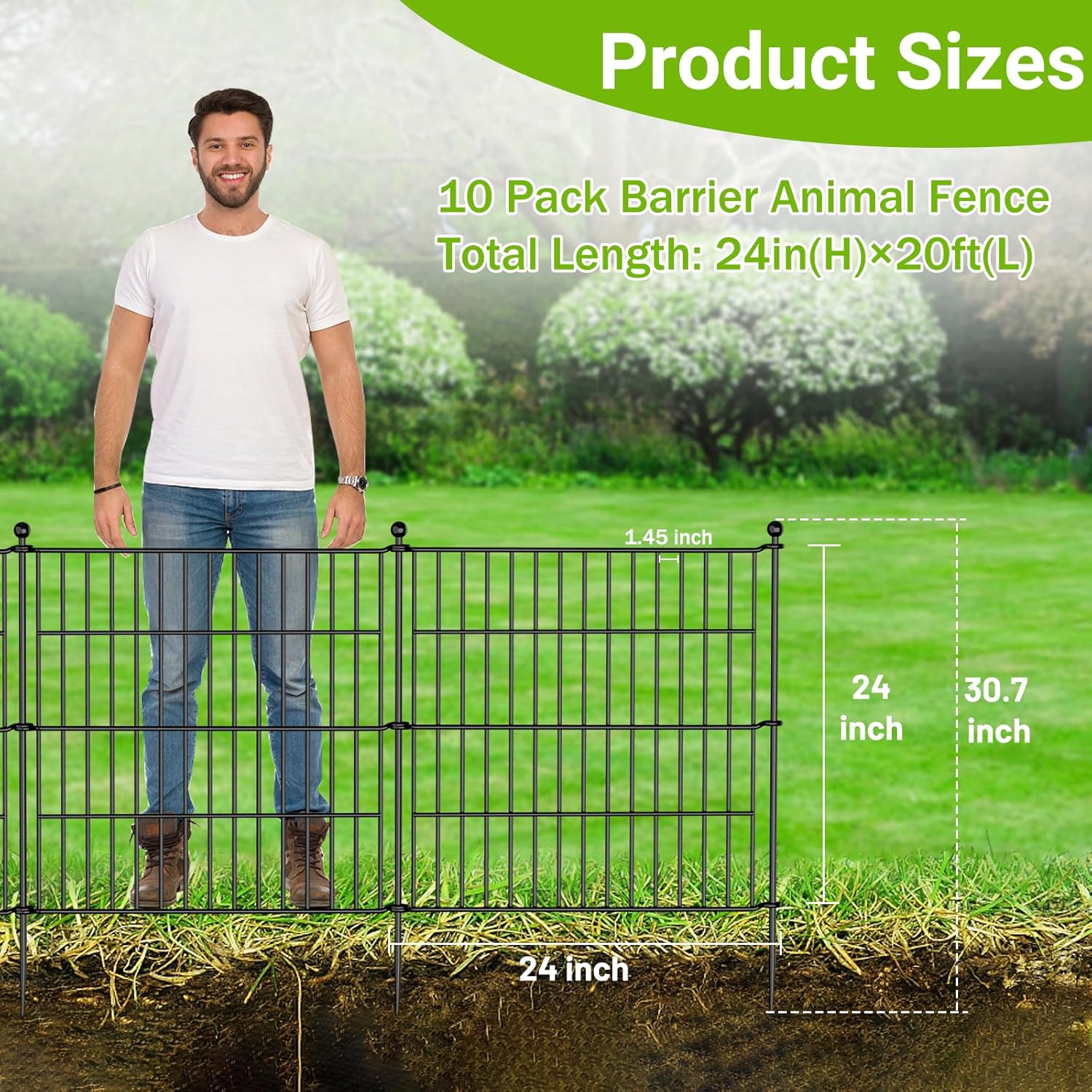 10 Panels No Dig Decorative Outdoor Garden Fence with Gate for Yard, 24 in(H) X 20 ft(L) Animal