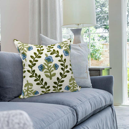 Alysheer Floral Embroidered Summer Decorative Throw Pillow Cover 18"x 18", Farmhouse Cottage Blue