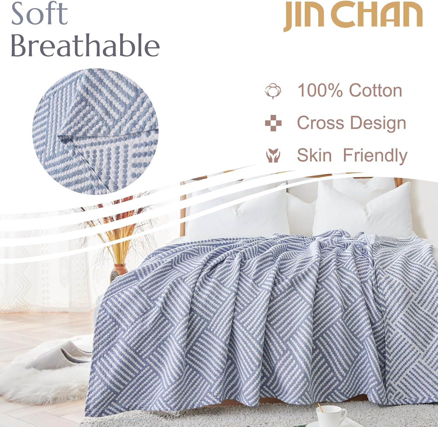 jinchan Boho 100% Cotton Blanket Muslin 50x60 Inches Lightweight 3-Layer Geometric Square Striped