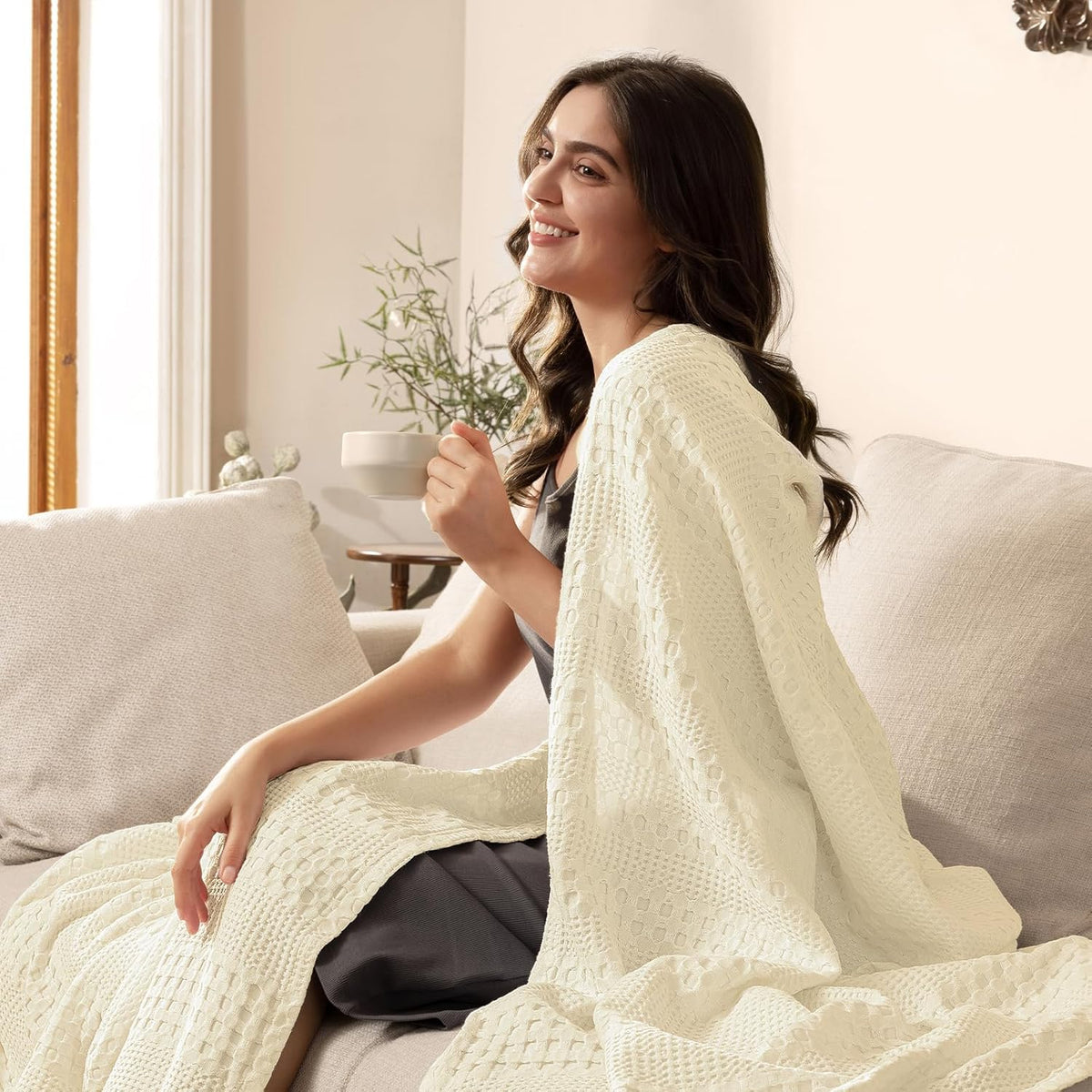 PHF Cooling Waffle Blanket Queen Size, Lightweight 60% Rayon Derived from Bamboo & 40% Cotton