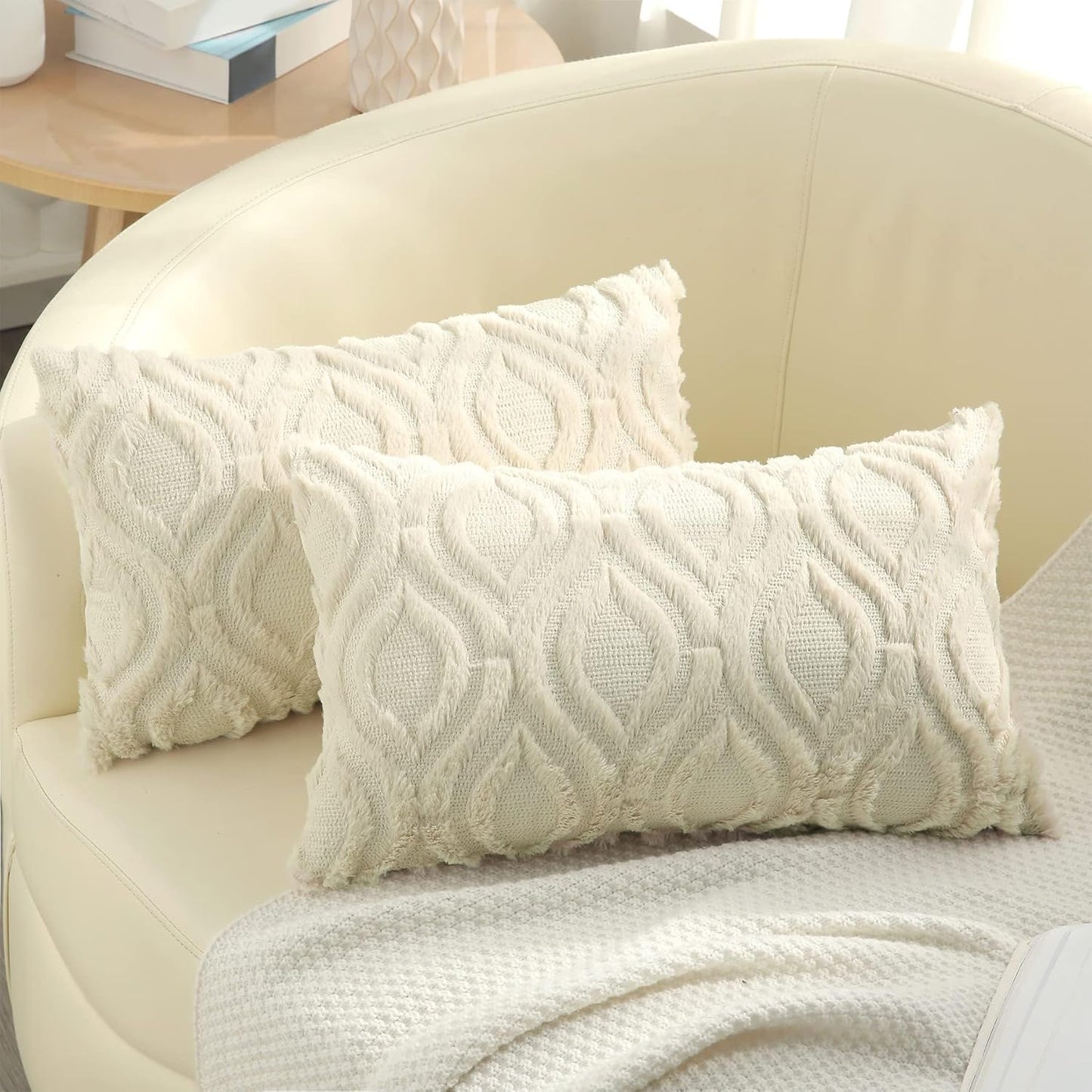 decorUhome Fall Throw Pillow Covers 12x20 Inch Set of 2, Soft Plush Decorative Faux Fur Beige Solid
