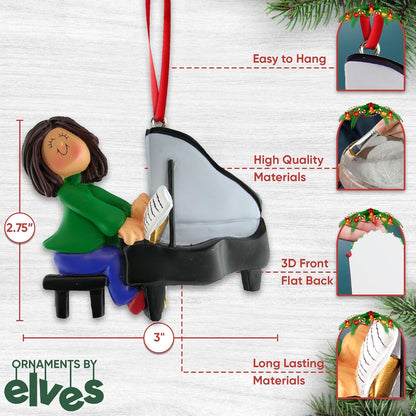 Personalized Music Ornaments 2024 - Brunette Girl Grand Piano Ornaments for Christmas Tree Musical