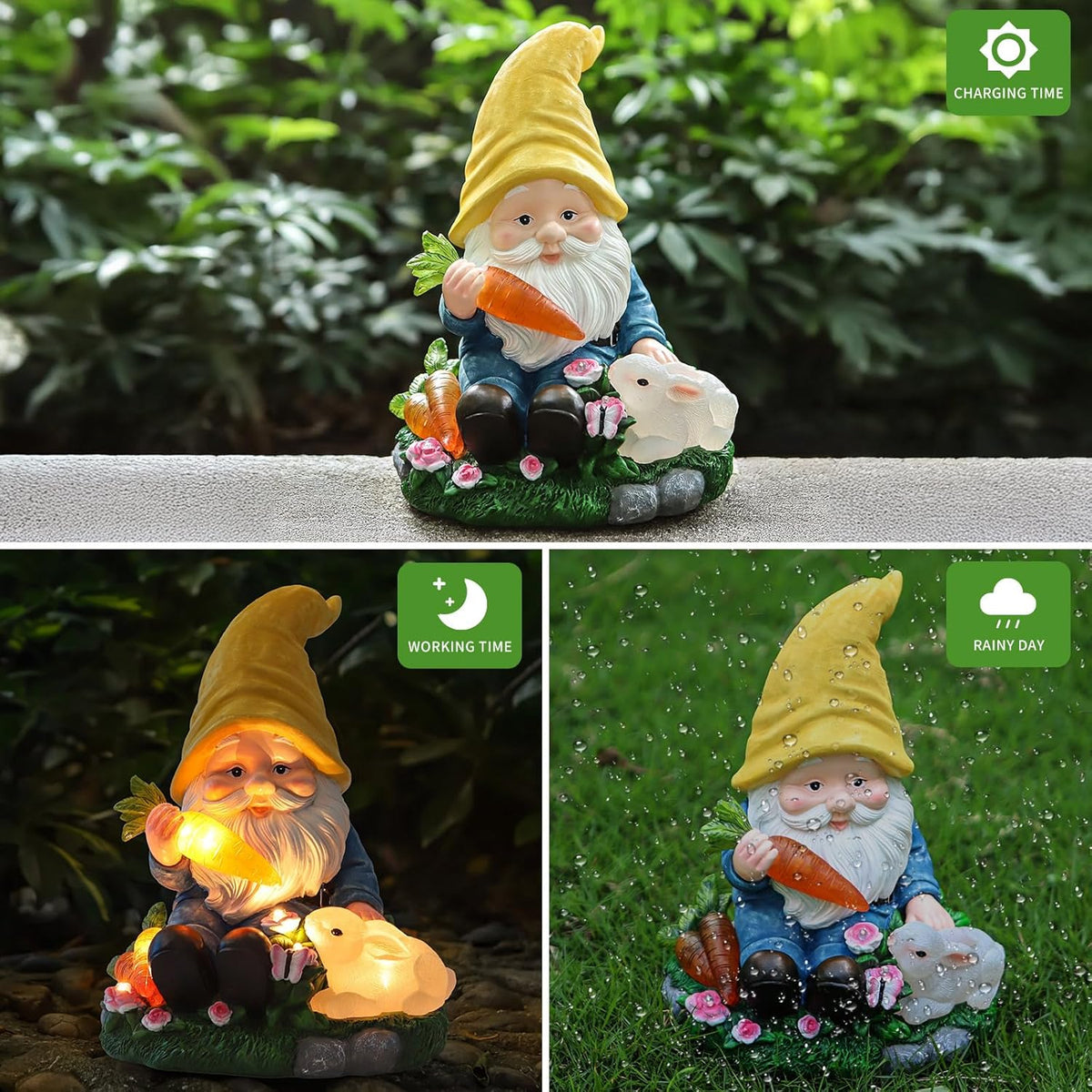 Solar Garden Outdoor Statues Gnome Feeding Rabbit with 6 LED Solar Figurine for