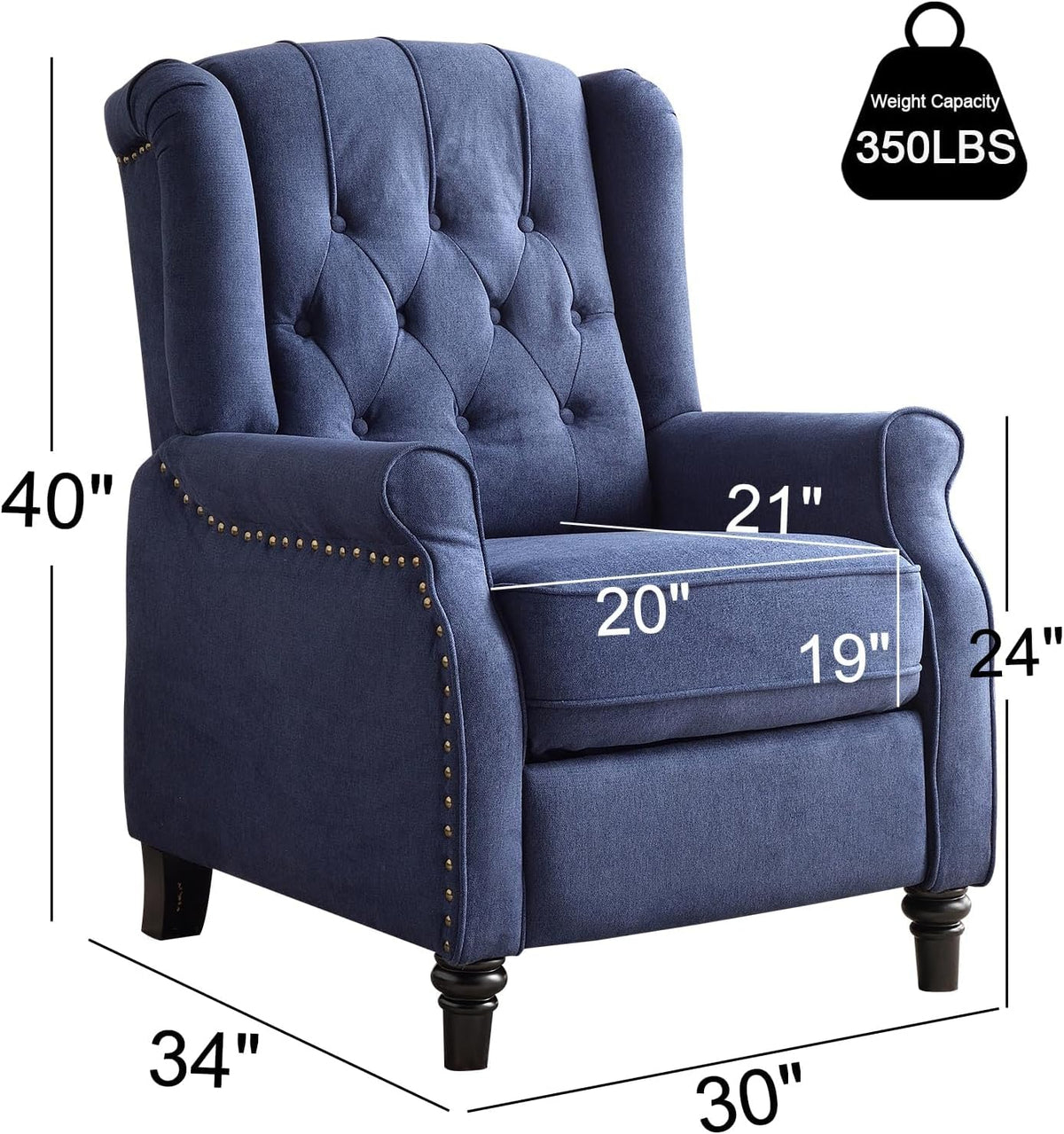 EBELLO Pushback Recliner Chair, Fabric Armchair Push Back Recliner with Rivet Decoration, Single