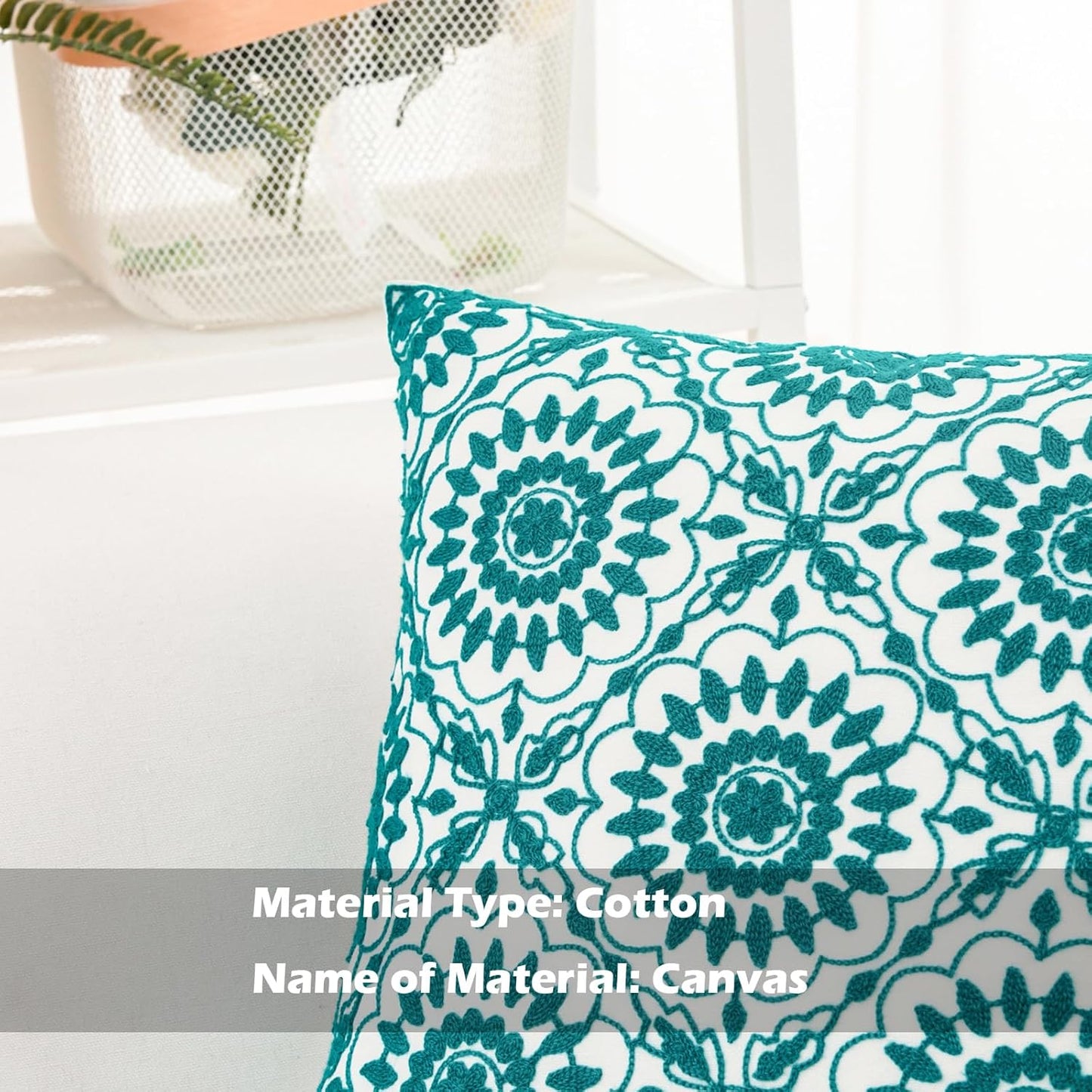 HWY 50 Teal Decorative Throw Pillow Covers 18x18 Inch (1 Piece), Embroidered Cotton Farmhouse