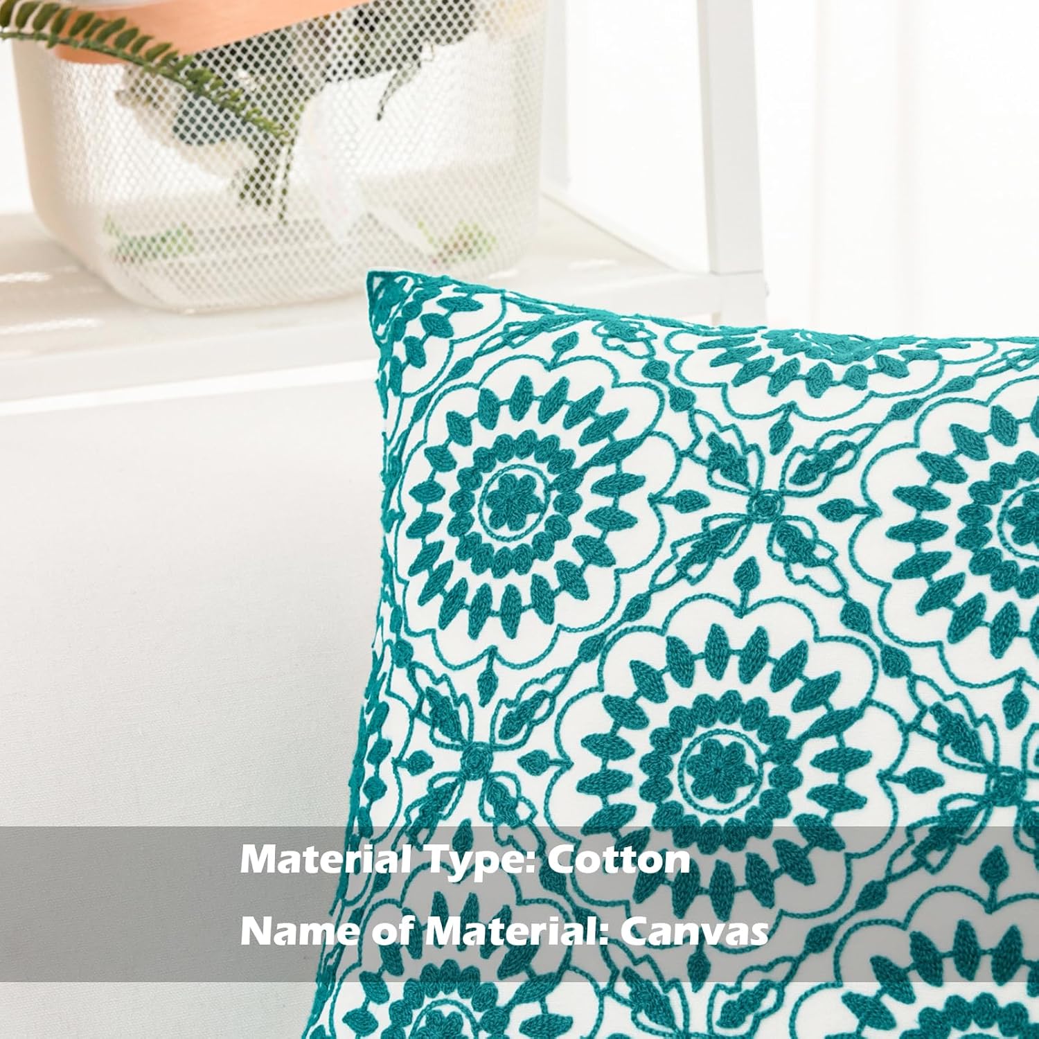 HWY 50 Teal Decorative Throw Pillow Covers 18x18 Inch (1 Piece), Embroidered Cotton Farmhouse