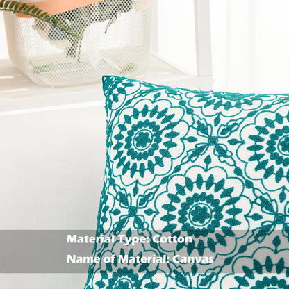 HWY 50 Teal Decorative Throw Pillow Covers 18x18 Inch (1 Piece), Embroidered Cotton Farmhouse