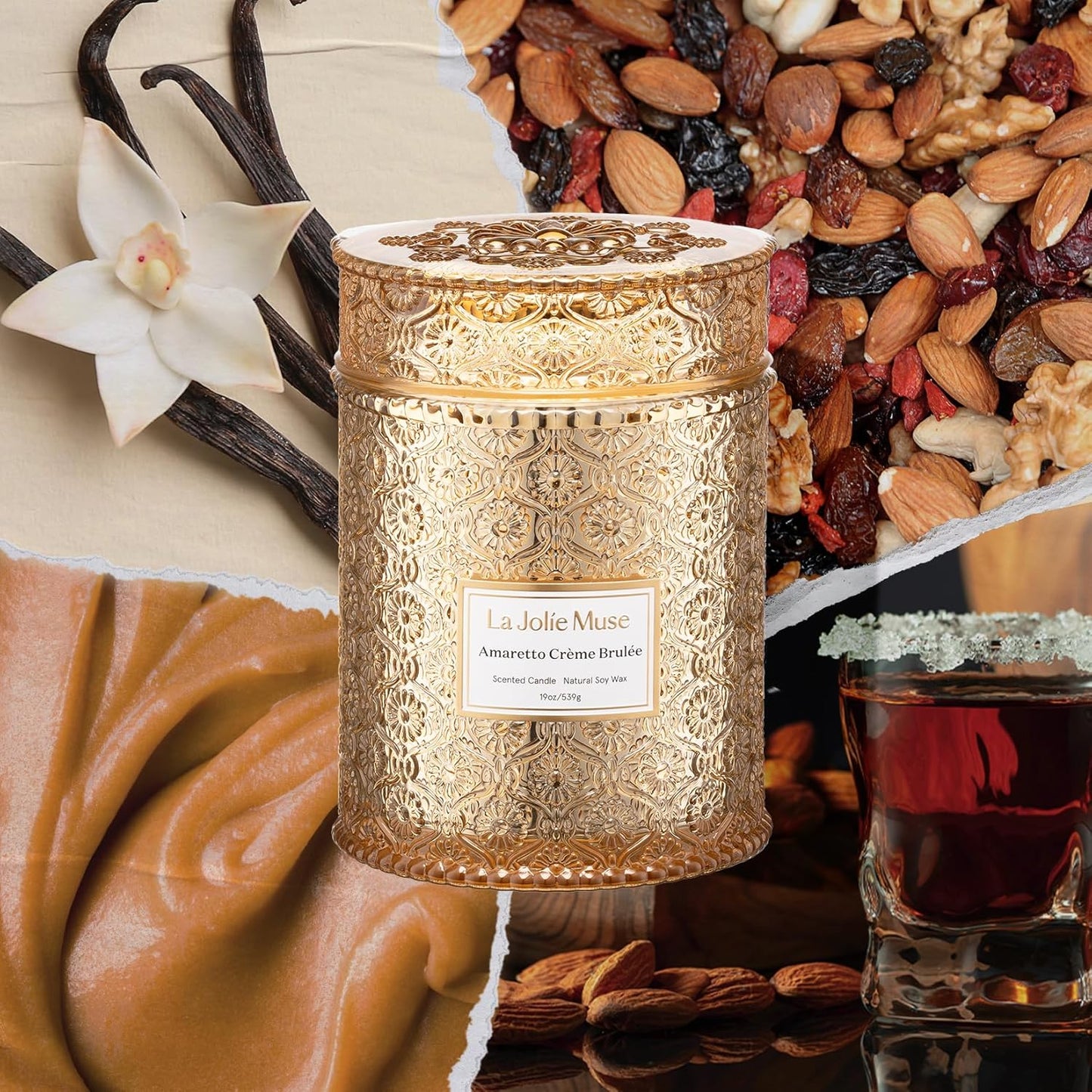 LA JOLIE MUSE Fall Candle | Amaretto Crème Brûlée – Almond Liqueur, Dry Fruit & Caramel | 19 oz