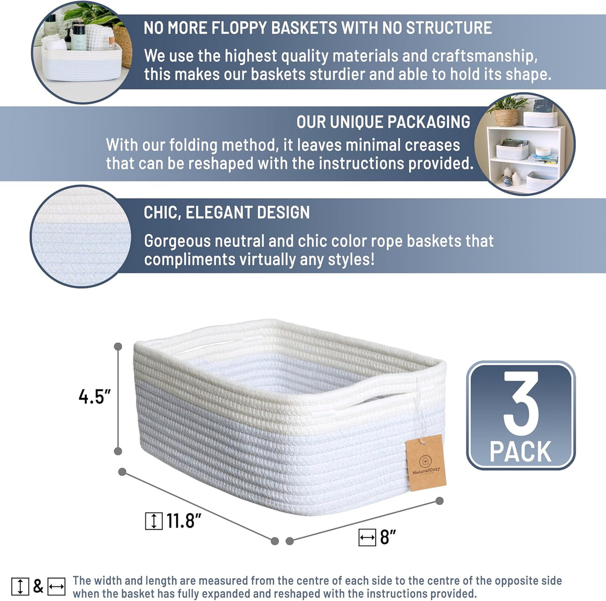 NaturalCozy 11.8"x8"x4.5” Rectangle Storage Baskets for Shelves 3 Pack | Cotton Rope Woven Small